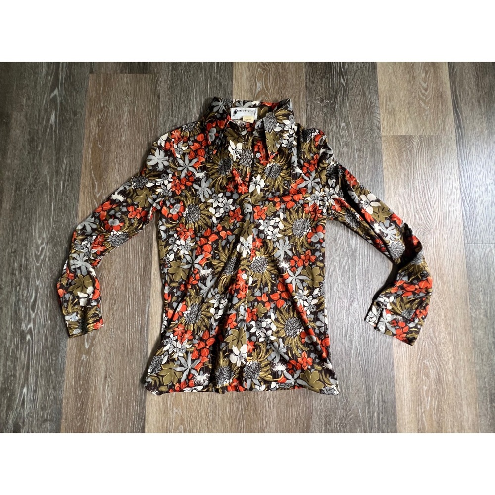 Queen Casuals‎ Button Down Blouse Womens 11/12 Brown Orange Floral 70s Vintage